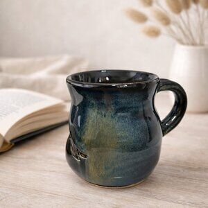 Signed Studio Pottery Mug Blue Green Reactive Glaze Handmade Artisan 10oz